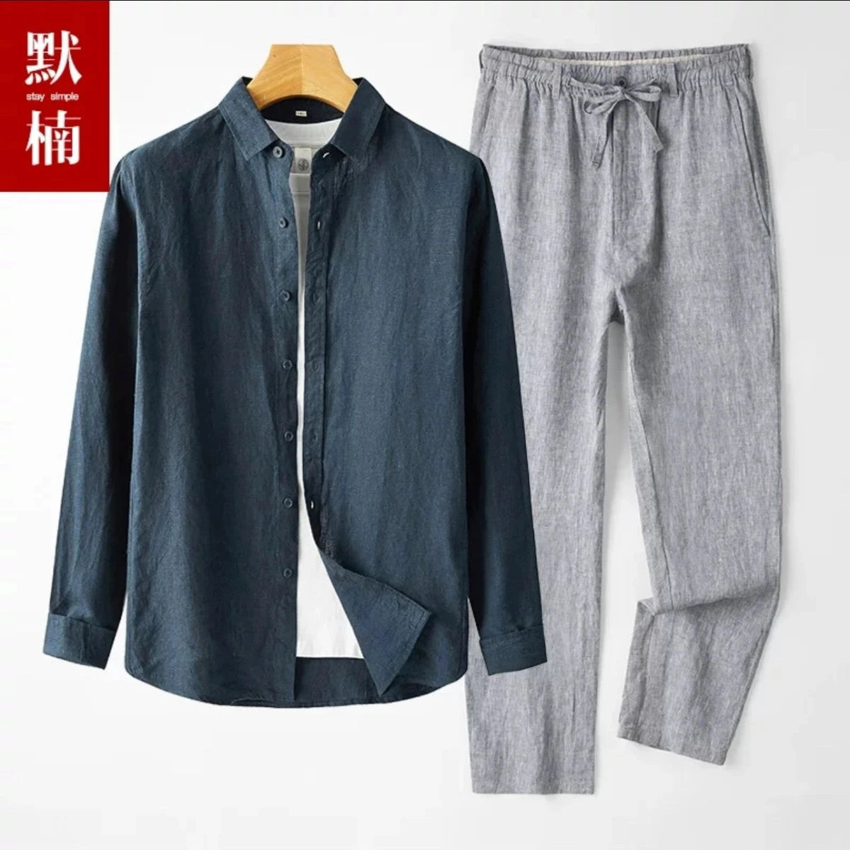 Men's Linen Short Sleeve Shirt Casual Summer Thin Loose Straight Leg Pants Two-Piece Set Breathable Lightweight Cotton Linen