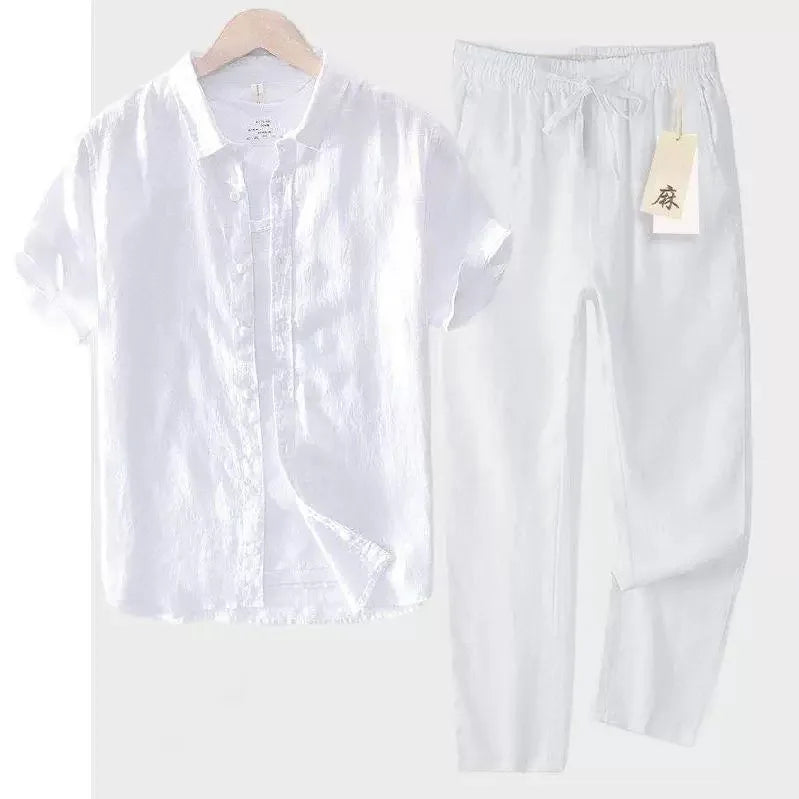 Men's Linen Short Sleeve Shirt Casual Summer Thin Loose Straight Leg Pants Two-Piece Set Breathable Lightweight Cotton Linen
