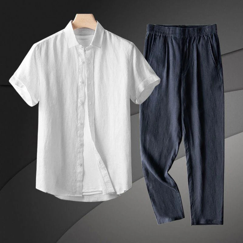 Men's Linen Short Sleeve Shirt Casual Summer Thin Loose Straight Leg Pants Two-Piece Set Breathable Lightweight Cotton Linen