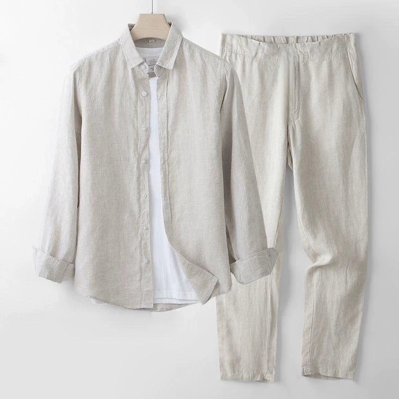 Men's Linen Short Sleeve Shirt Casual Summer Thin Loose Straight Leg Pants Two-Piece Set Breathable Lightweight Cotton Linen