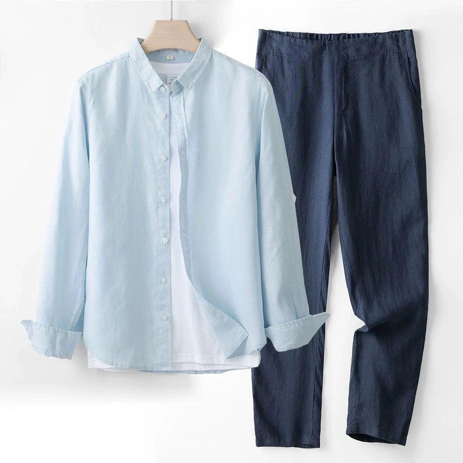 Men's Linen Short Sleeve Shirt Casual Summer Thin Loose Straight Leg Pants Two-Piece Set Breathable Lightweight Cotton Linen