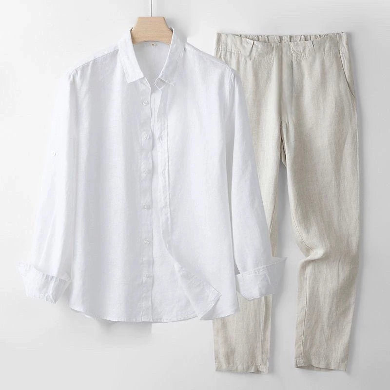 Men's Linen Short Sleeve Shirt Casual Summer Thin Loose Straight Leg Pants Two-Piece Set Breathable Lightweight Cotton Linen