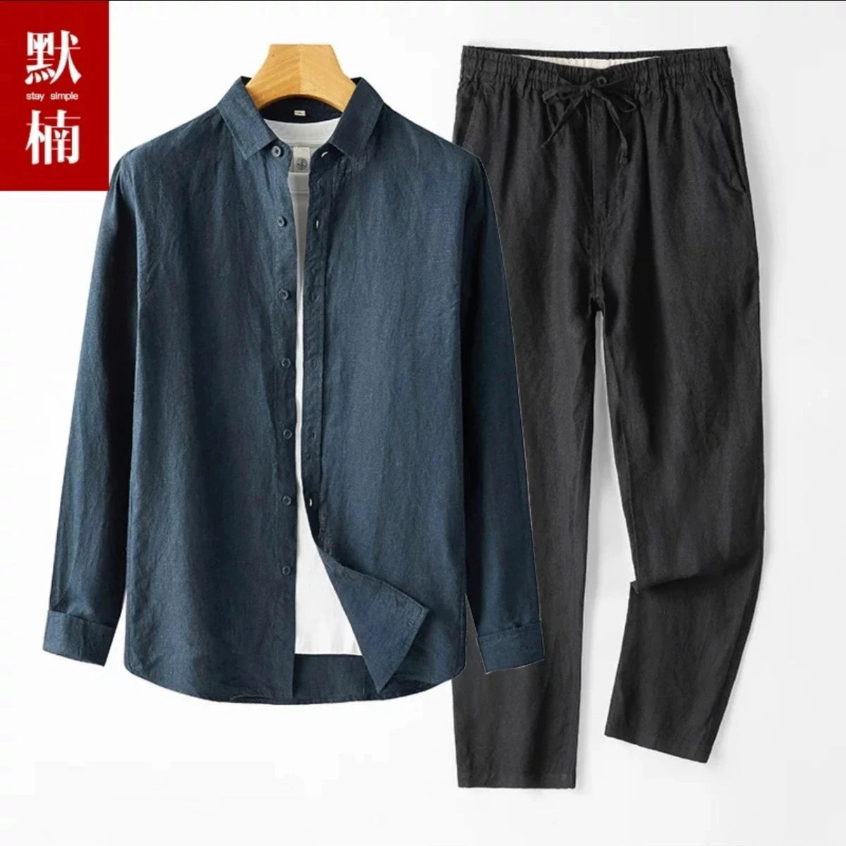 Men's Linen Short Sleeve Shirt Casual Summer Thin Loose Straight Leg Pants Two-Piece Set Breathable Lightweight Cotton Linen