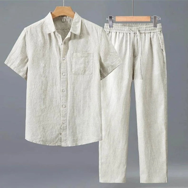 Men's Linen Short Sleeve Shirt Casual Summer Thin Loose Straight Leg Pants Two-Piece Set Breathable Lightweight Cotton Linen