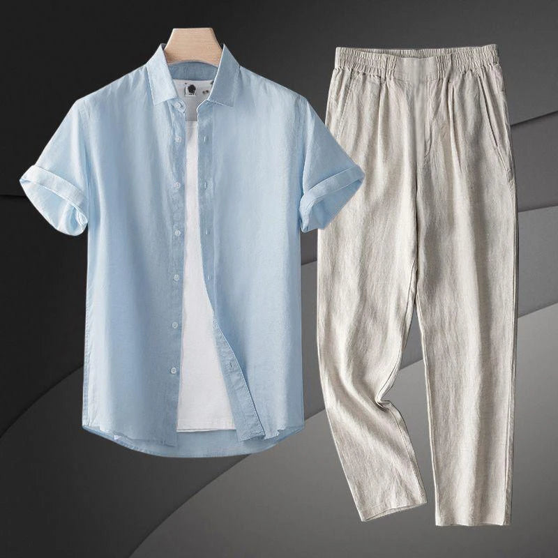 Men's Linen Short Sleeve Shirt Casual Summer Thin Loose Straight Leg Pants Two-Piece Set Breathable Lightweight Cotton Linen