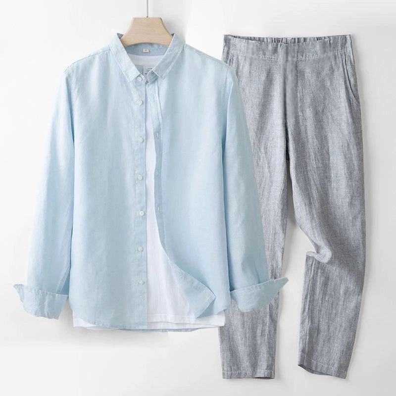Men's Linen Short Sleeve Shirt Casual Summer Thin Loose Straight Leg Pants Two-Piece Set Breathable Lightweight Cotton Linen