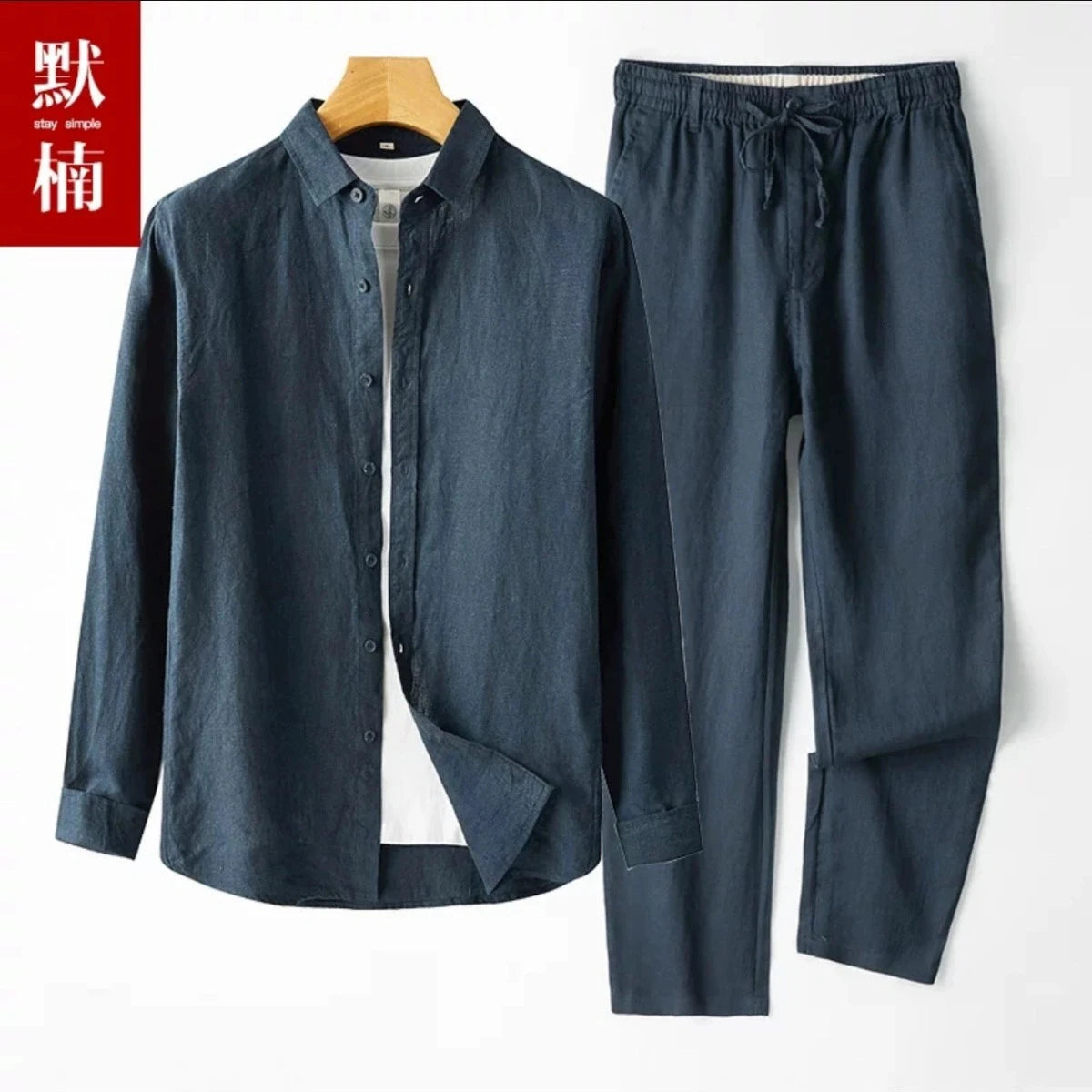 Men's Linen Short Sleeve Shirt Casual Summer Thin Loose Straight Leg Pants Two-Piece Set Breathable Lightweight Cotton Linen