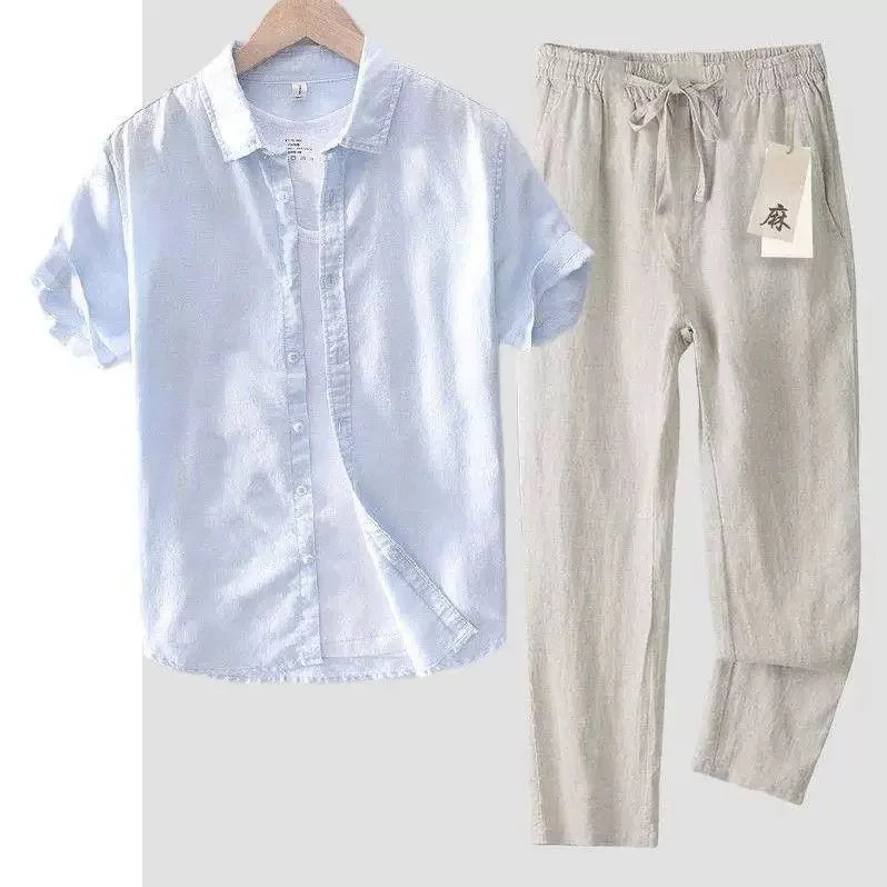 Men's Linen Short Sleeve Shirt Casual Summer Thin Loose Straight Leg Pants Two-Piece Set Breathable Lightweight Cotton Linen