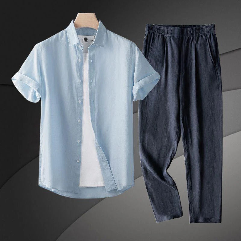 Men's Linen Short Sleeve Shirt Casual Summer Thin Loose Straight Leg Pants Two-Piece Set Breathable Lightweight Cotton Linen