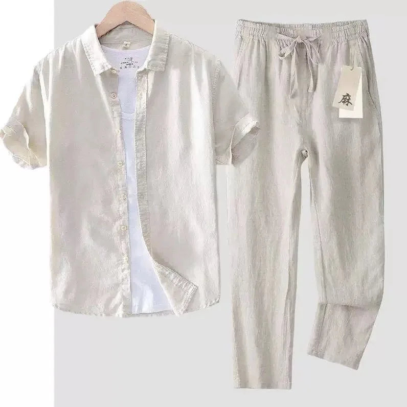 Men's Linen Short Sleeve Shirt Casual Summer Thin Loose Straight Leg Pants Two-Piece Set Breathable Lightweight Cotton Linen