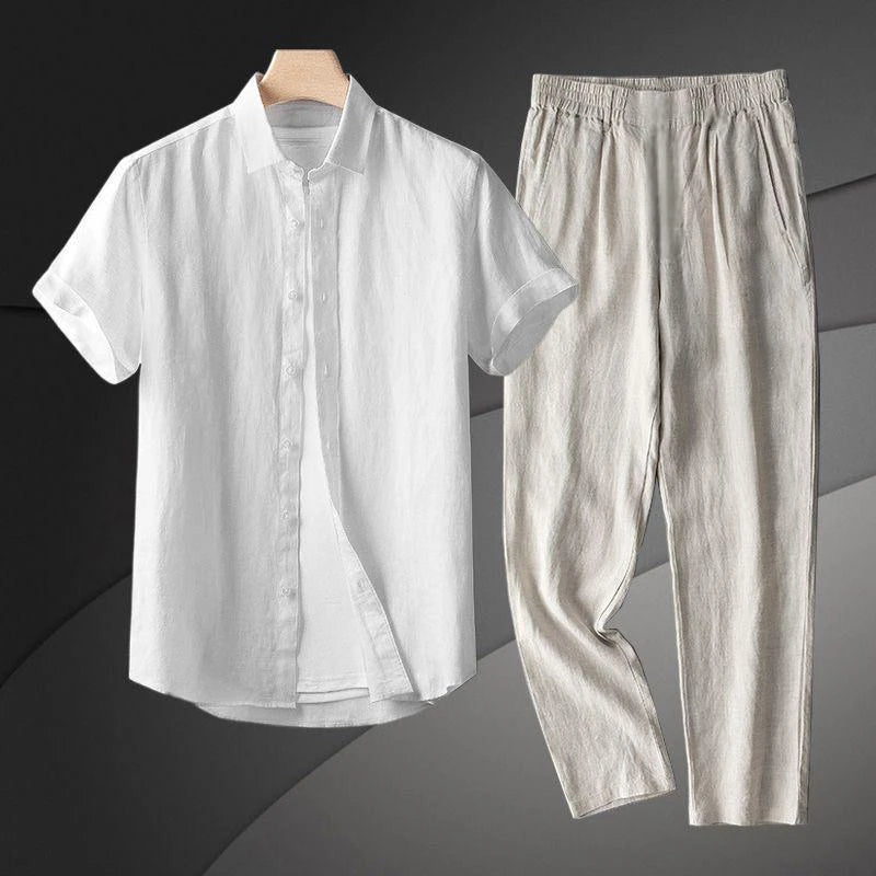 Men's Linen Short Sleeve Shirt Casual Summer Thin Loose Straight Leg Pants Two-Piece Set Breathable Lightweight Cotton Linen