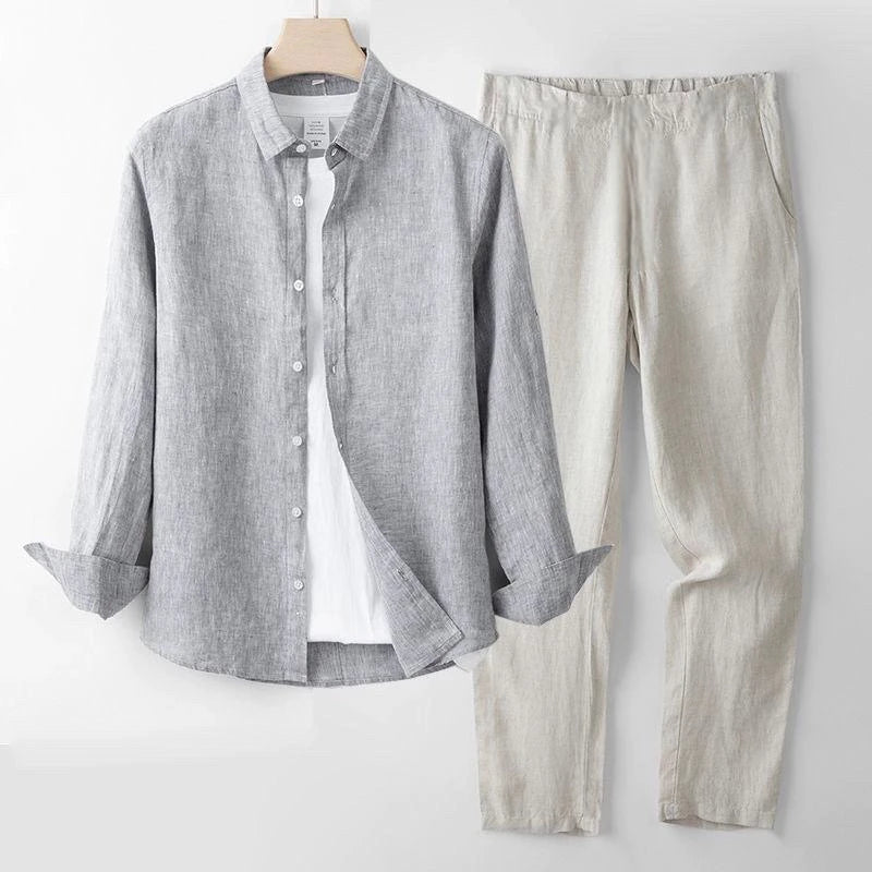 Men's Linen Short Sleeve Shirt Casual Summer Thin Loose Straight Leg Pants Two-Piece Set Breathable Lightweight Cotton Linen
