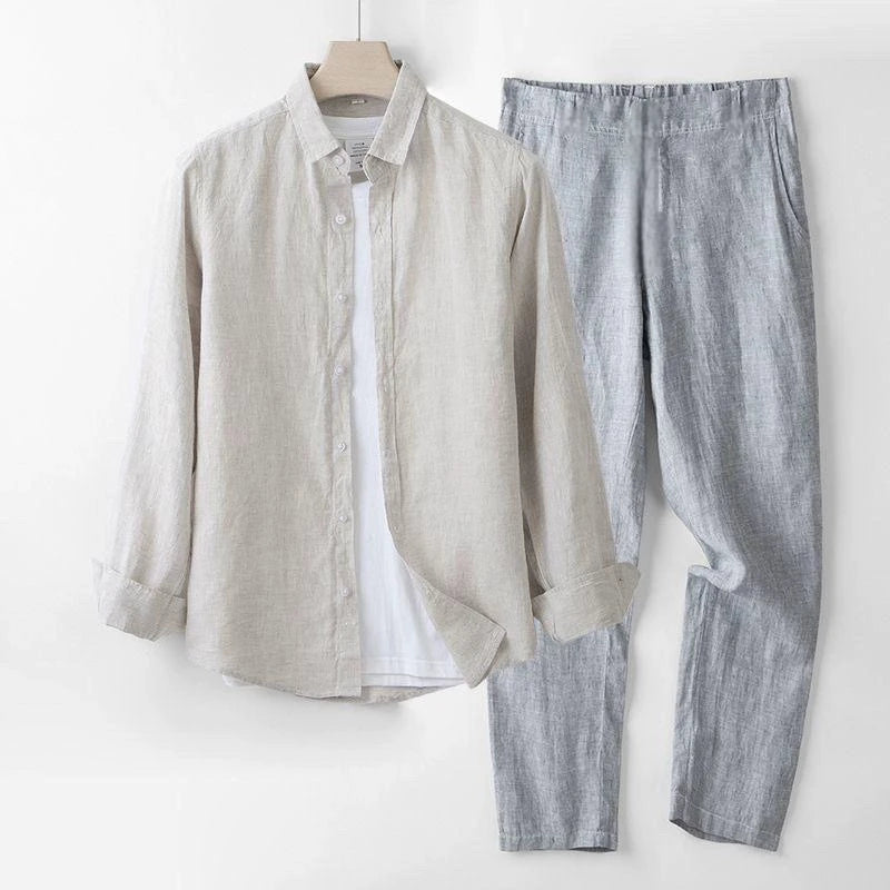 Men's Linen Short Sleeve Shirt Casual Summer Thin Loose Straight Leg Pants Two-Piece Set Breathable Lightweight Cotton Linen