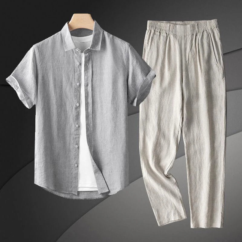 Men's Linen Short Sleeve Shirt Casual Summer Thin Loose Straight Leg Pants Two-Piece Set Breathable Lightweight Cotton Linen