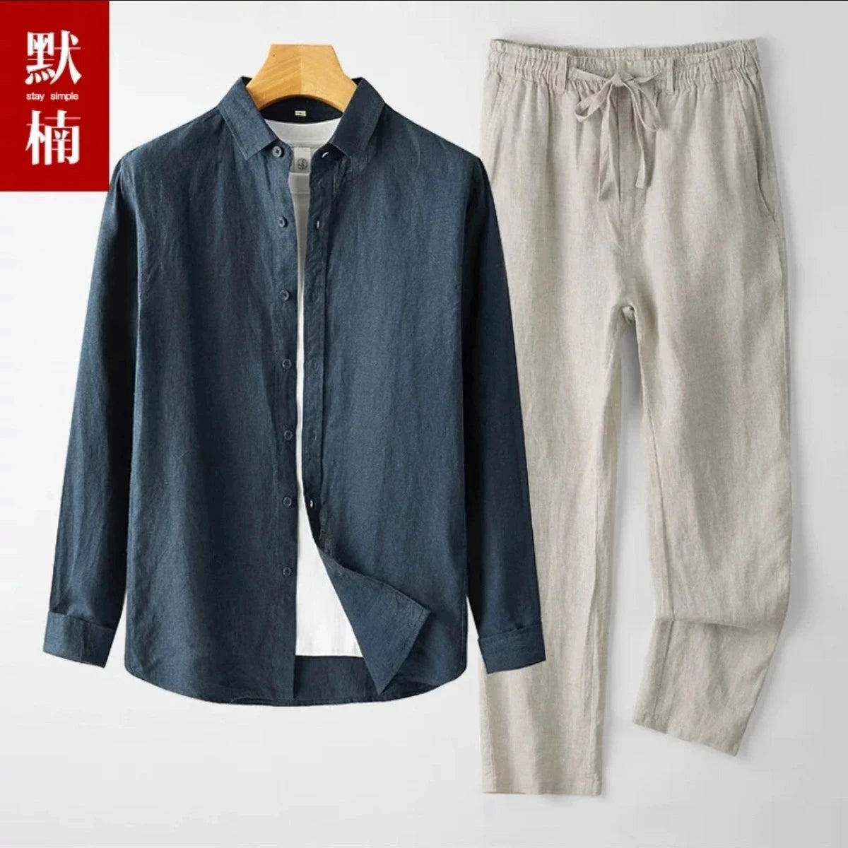 Men's Linen Short Sleeve Shirt Casual Summer Thin Loose Straight Leg Pants Two-Piece Set Breathable Lightweight Cotton Linen