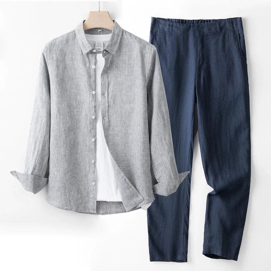 Men's Linen Short Sleeve Shirt Casual Summer Thin Loose Straight Leg Pants Two-Piece Set Breathable Lightweight Cotton Linen