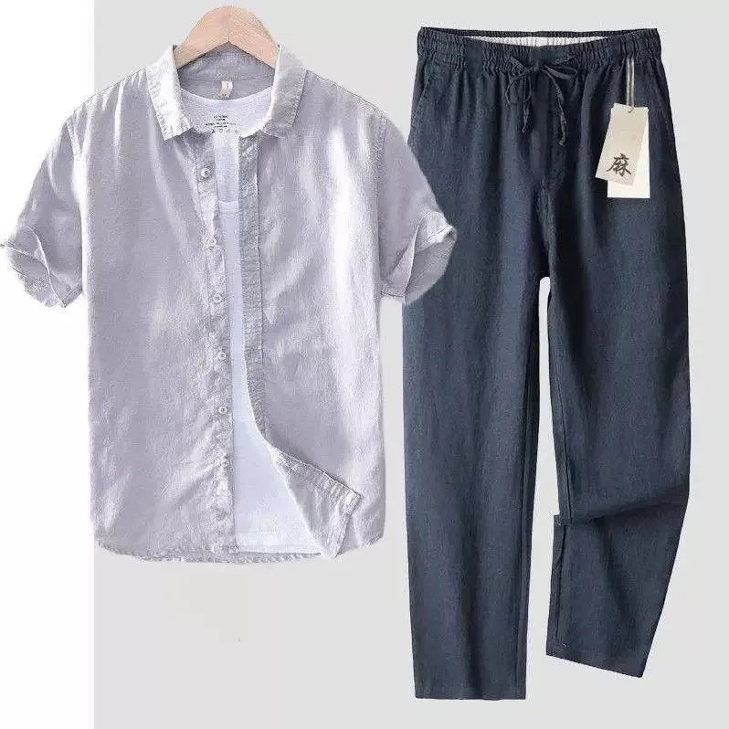 Men's Linen Short Sleeve Shirt Casual Summer Thin Loose Straight Leg Pants Two-Piece Set Breathable Lightweight Cotton Linen