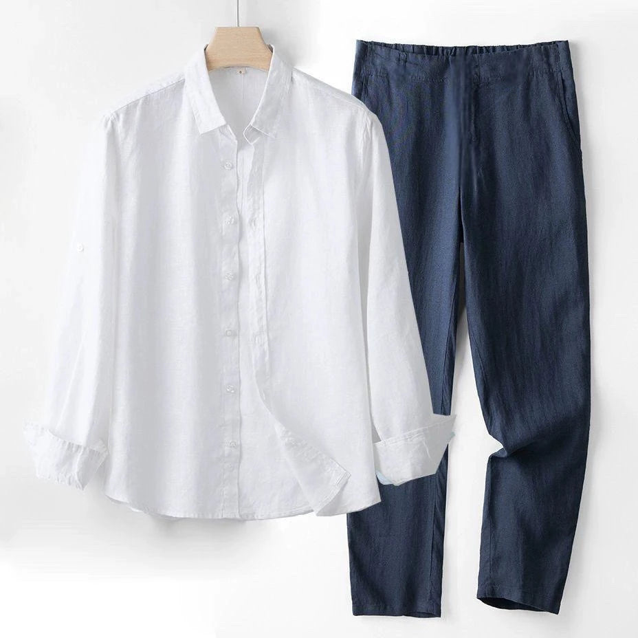 Men's Linen Short Sleeve Shirt Casual Summer Thin Loose Straight Leg Pants Two-Piece Set Breathable Lightweight Cotton Linen