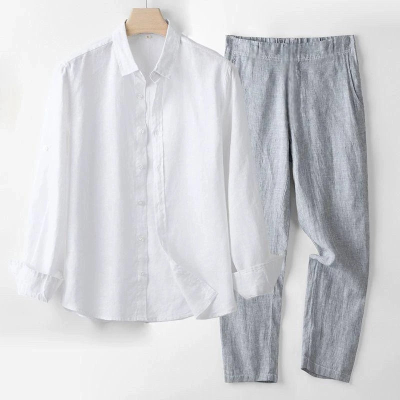 Men's Linen Short Sleeve Shirt Casual Summer Thin Loose Straight Leg Pants Two-Piece Set Breathable Lightweight Cotton Linen