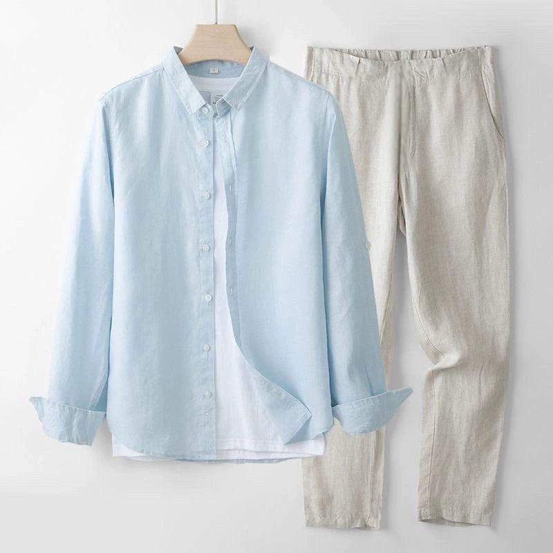 Men's Linen Short Sleeve Shirt Casual Summer Thin Loose Straight Leg Pants Two-Piece Set Breathable Lightweight Cotton Linen