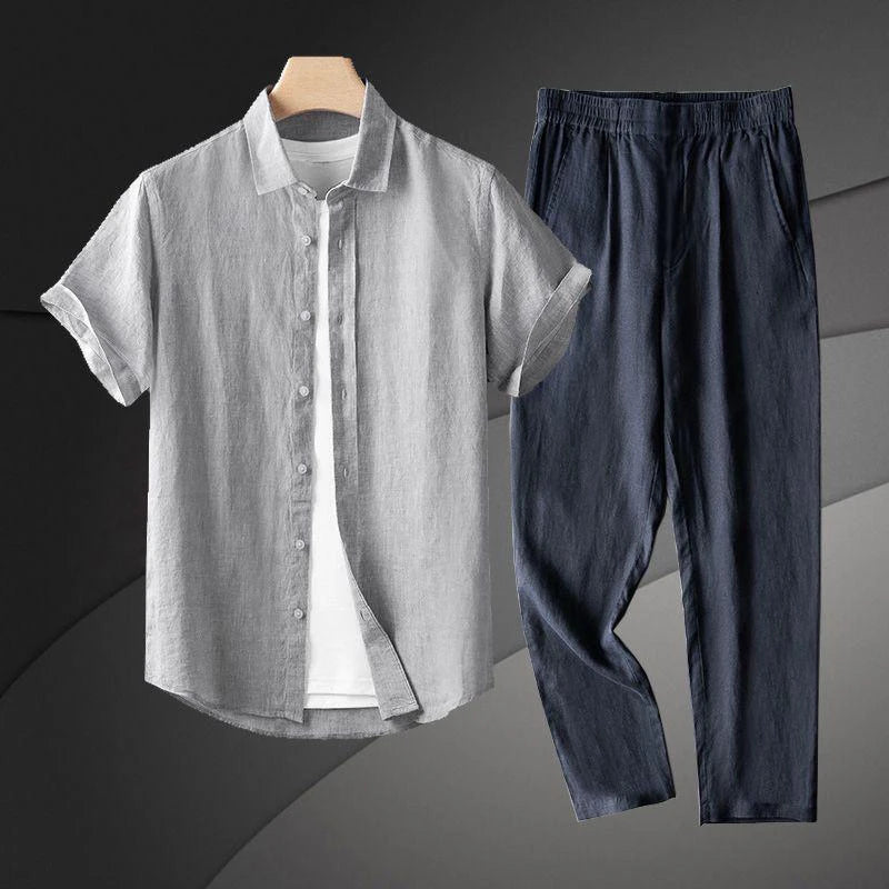 Men's Linen Short Sleeve Shirt Casual Summer Thin Loose Straight Leg Pants Two-Piece Set Breathable Lightweight Cotton Linen