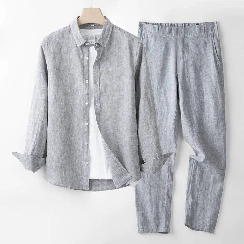 Men's Linen Short Sleeve Shirt Casual Summer Thin Loose Straight Leg Pants Two-Piece Set Breathable Lightweight Cotton Linen