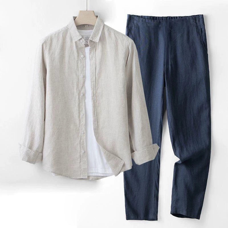 Men's Linen Short Sleeve Shirt Casual Summer Thin Loose Straight Leg Pants Two-Piece Set Breathable Lightweight Cotton Linen