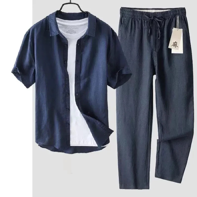 Men's Linen Short Sleeve Shirt Casual Summer Thin Loose Straight Leg Pants Two-Piece Set Breathable Lightweight Cotton Linen